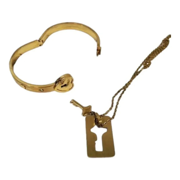 Golden Lock and Key Bracelet and Necklace Couples Jewelry - Picture 9 of 10